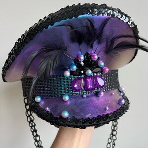 Purple Sequin Captain Hat with Feathers